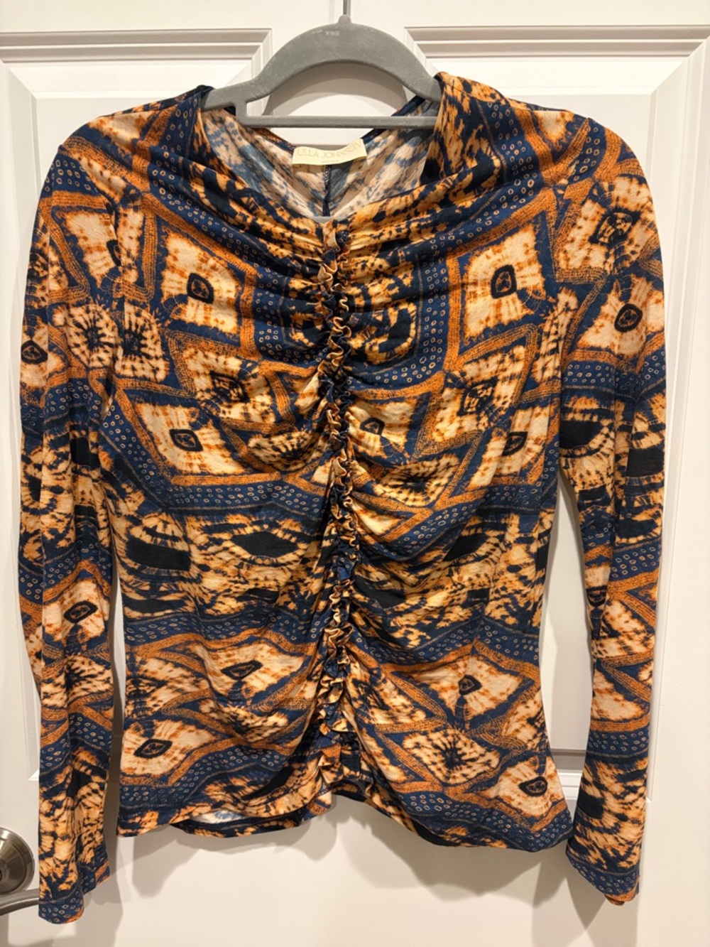 Ulla Johnson Navy and Tan Ruched Long-Sleeve Printed Top